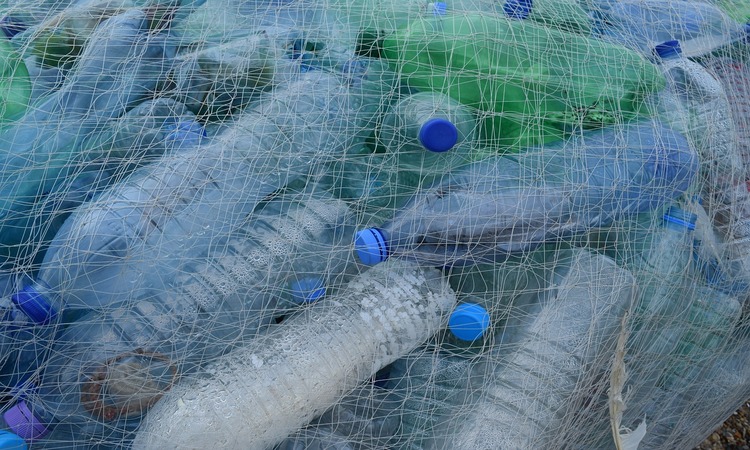 Botellas de plástico dentro de una red de pesca