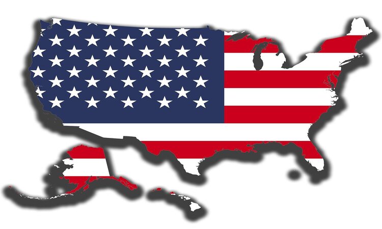 Mapa de Estados Unidos con la bandera del país